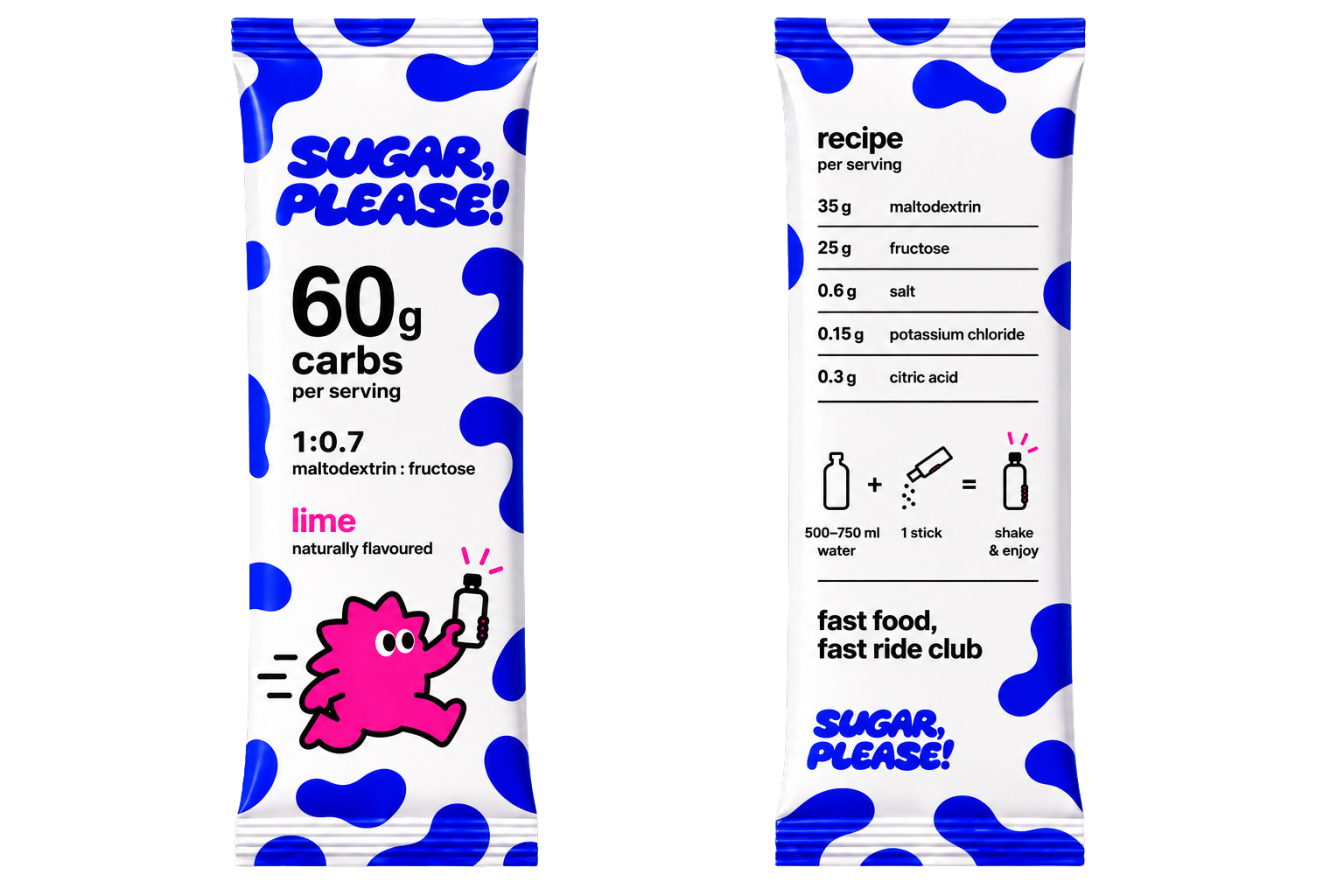 Sugar Please lime drink mix sachet, front and back, showing the full recipe